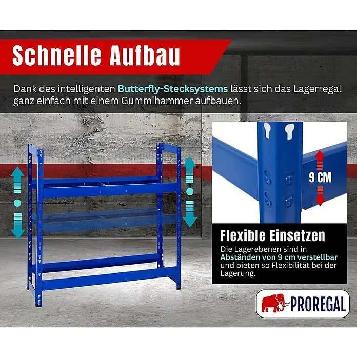 Proregal Reifenregal Tiger - H x B x T: 100 x 110 x 35 cm, Stecken, Blau - Lagerregal mit einfachem Aufbau dank intelligentem Butterfly-Stecksystem und flexiblen Regalebenen in 9 cm Abständen.