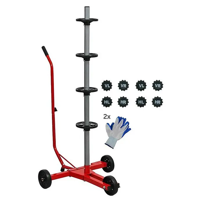 Proregal Reifenregal Fahrbarer Felgenbaum CARRERO - H x B x T: 118 x 85 x 58 cm, Stecken, Rot - Ein roter Reifentransportwagen mit einem silbernen Gestell und schwarzen Rädern sowie Reifenmarkierungen und Arbeitshandschuhen.