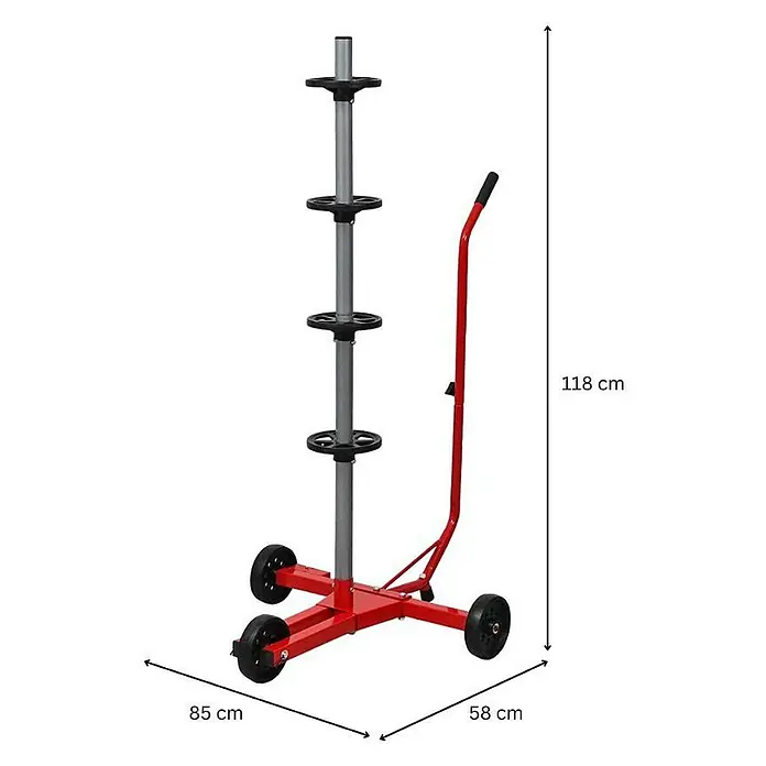 Proregal Reifenregal Fahrbarer Felgenbaum CARRERO - H x B x T: 118 x 85 x 58 cm, Stecken, Rot - Produktabbildung eines Reifenständers mit den Maßen 118 cm Höhe, 85 cm Breite und 58 cm Tiefe.