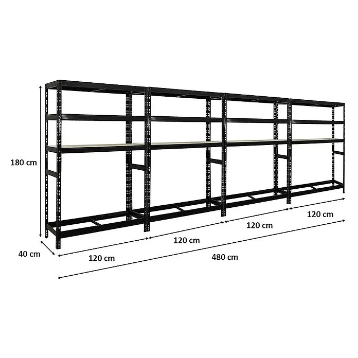 Proregal Reifenregal Mega Deal Tiger mit Fachboden - Stecken, Schwarz - Produktansicht des schwarzen Schwerlastregals mit vier Ebenen und den Maßen 180 x 480 x 40 cm.