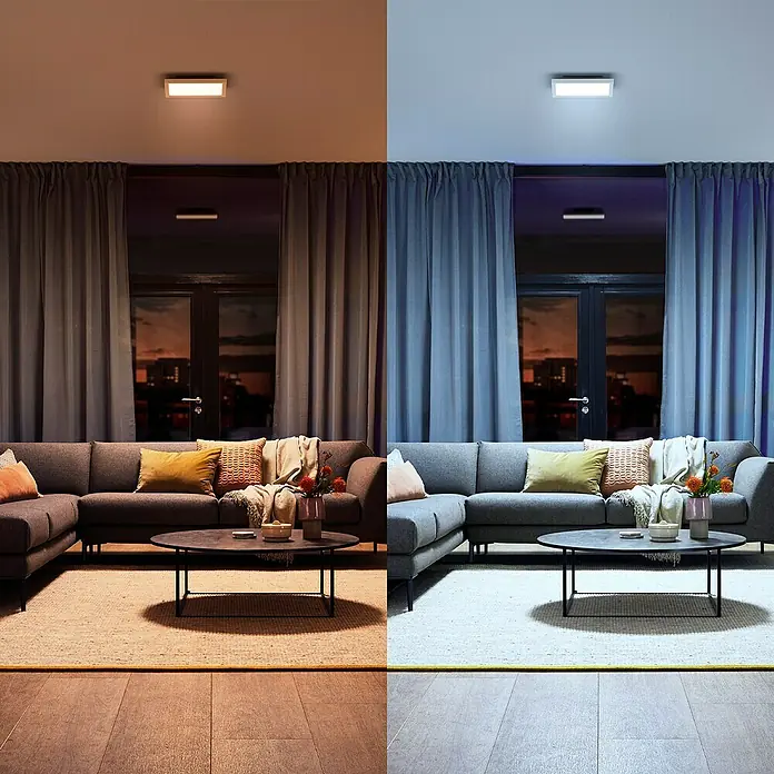 Philips Hue LED-Panel Auerelle - 19 W, L x B x H: 30 x 30 x 4,8 cm, Warmweiß - Vergleich der gleichen Wohnzimmerlampe in warmweißem und kaltweißem Licht für verschiedene Stimmungen.