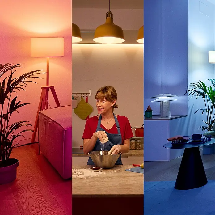 Philips Wiz Smart-LED-Lampe - E27, Dimmbar, RGBW, 12,3 W, 1 Stk. - Ein stimmungsvolles Bild, das die vielseitigen Anwendungsmöglichkeiten der smarten Beleuchtungslösungen präsentiert.