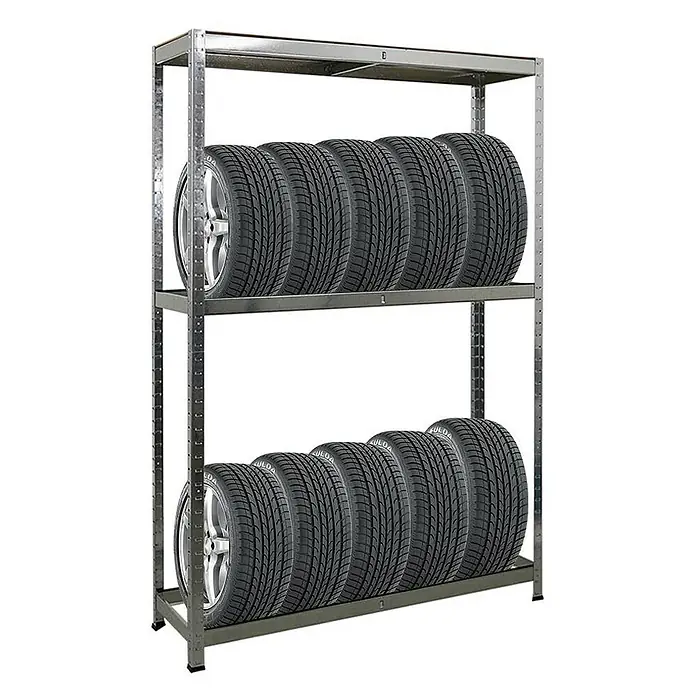 Proregal Reifenregal Ragnar - H x B x T: 180 x 120 x 40 cm, Stecken, Verzinkt - Reifenregal mit zwei Ebenen, voll mit Reifen der Marke Fulda, ideal für die Lagerung in der Garage oder Werkstatt.
