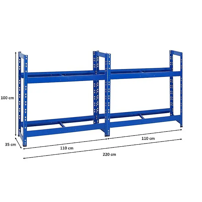 Proregal Reifenregal Mega Deal Tiger - Stecken, Blau - Blaues Metallregal mit zwei Ebenen und Maßangaben. Ideal für Lagerung & Ordnung. Maße: 100x35x220 cm.