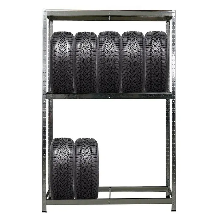 Proregal Reifenregal Ragnar - H x B x T: 180 x 120 x 40 cm, Stecken, Verzinkt - Metallregal mit zwei Fächern, in denen sieben Winterreifen ordentlich gelagert sind, fünf oben und zwei unten.