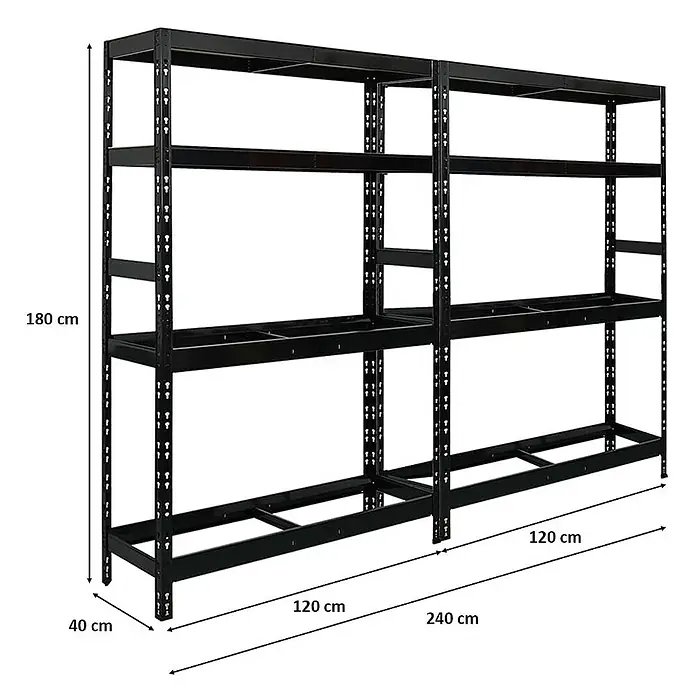 Proregal Reifenregal Mega Deal Tiger mit Fachboden - Stecken, Schwarz - Abbildung eines schwarzen Metallregals mit den Maßen 180 x 240 x 40 cm, geeignet für Lager und Werkstatt.