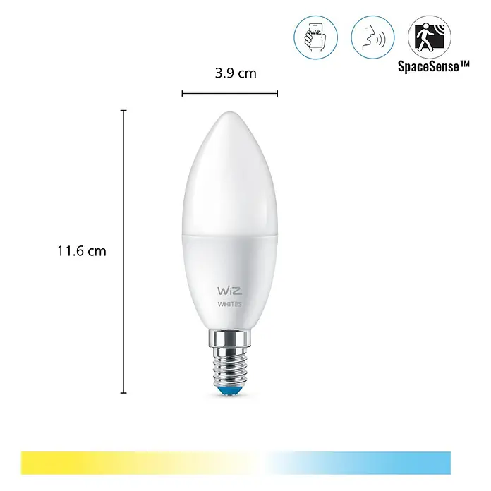 Philips Wiz Smart-LED-Lampe - E14, Dimmbar, Mehrfarbig, 470 lm, 4,6 W - Bild einer Wiz Whites Kerzenlampe mit den Maßen 11,6 cm Höhe und 3,9 cm Durchmesser, ideal für stimmungsvolle Beleuchtung.
