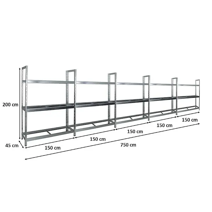 Proregal Reifenregal Mega Deal Tiger XL - Stecken, Verzinkt - Produktansicht eines Regalsystems, das sich ideal für die Pflanzenaufzucht eignet, mit den Maßangaben.
