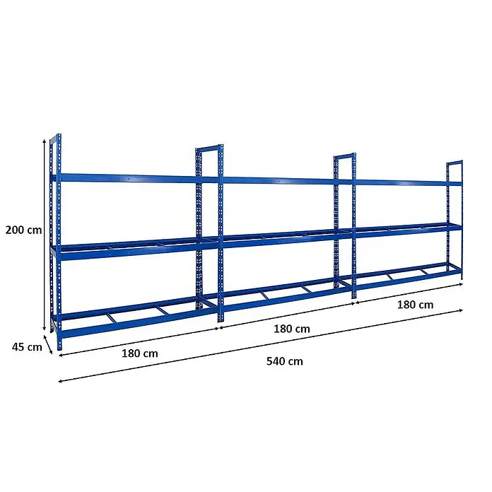Proregal Reifenregal Mega Deal Tiger XL - Stecken, Blau - Darstellung eines blauen Schwerlastregals mit drei Ebenen und Größenangaben.