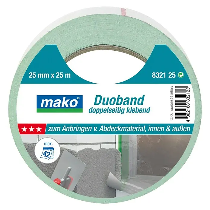 Mako Duoband - Grün/Weiß - Abbildung eines Mako Duoband doppelseitiges Klebeband, 25 mm x 25 m, ideal zum Anbringen von Abdeckmaterialien im Innen- und Außenbereich.