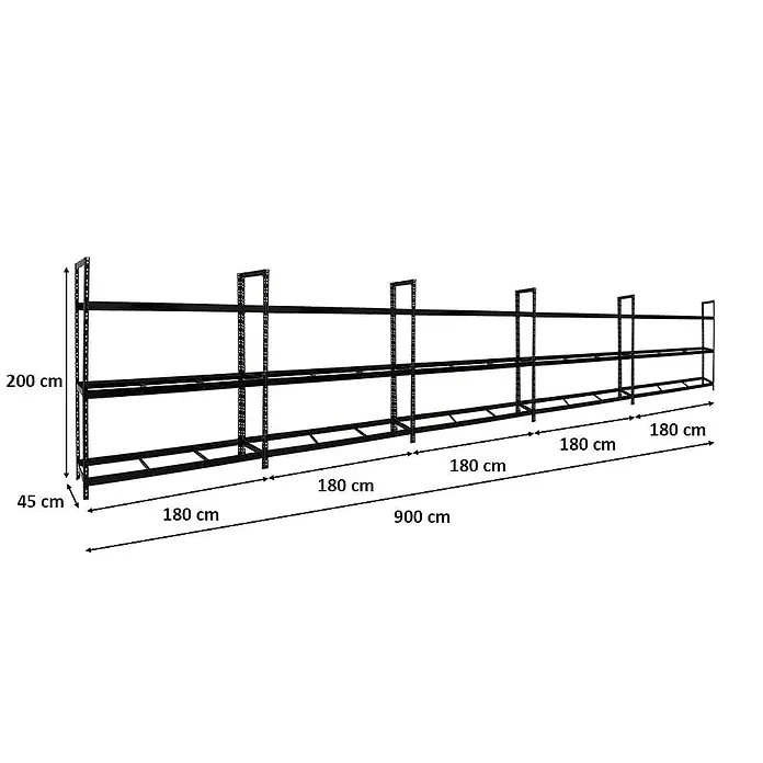 Proregal Reifenregal Mega Deal Tiger XL - Stecken, Schwarz - Darstellung eines schwarzen Metallregals mit drei Ebenen und Größenangaben in Zentimetern.