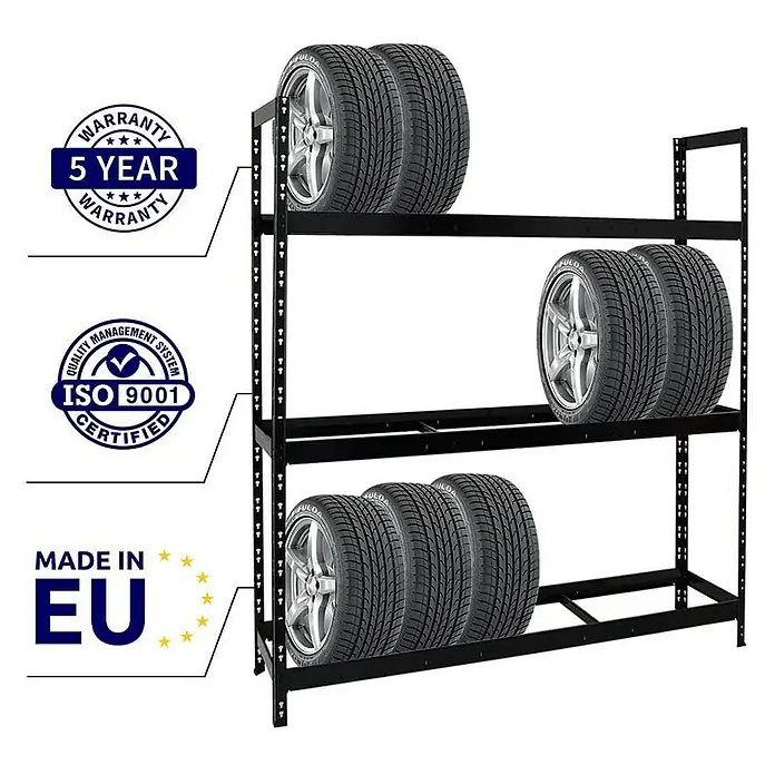 Proregal Reifenregal Mega Deal Tiger XL - Stecken, Schwarz - Schwarzes Reifenregal mit Reifen, Garantie- und Qualitätssiegeln, das die Reifenlagerung und -qualität hervorhebt.