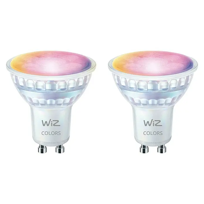 Philips Wiz Smart-LED-Lampe - GU10, Dimmbar, RGBW, 400 lm, 5 W, 2 Stk. - Nahaufnahme von zwei WiZ Colors LED-Lampen, die eine lebendige und farbenfrohe Beleuchtungslösung für jeden Raum bieten.