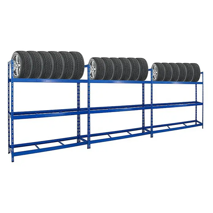 Proregal Reifenregal Mega Deal Tiger XL - Stecken, Blau - Das Bild zeigt ein blaues Reifenregal mit drei Ebenen, auf denen Reifen gestapelt sind, ideal für die Lagerung in Werkstätten oder Garagen.