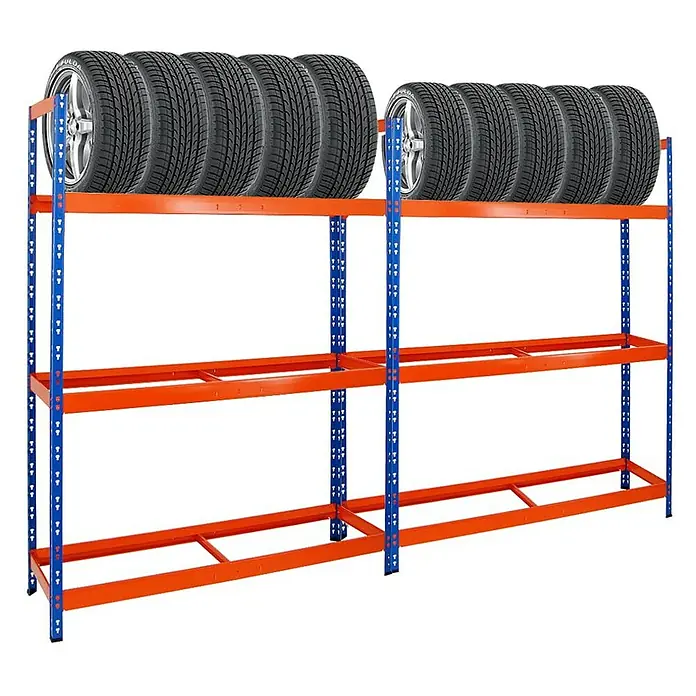 Proregal Reifenregal Mega Deal Tiger XL - Stecken, Blau-Orange - Reifenregal mit Reifen. Das Regal hat drei Ebenen und ist mit Reifen auf der obersten Ebene ausgestattet, ideal für die Lagerung.