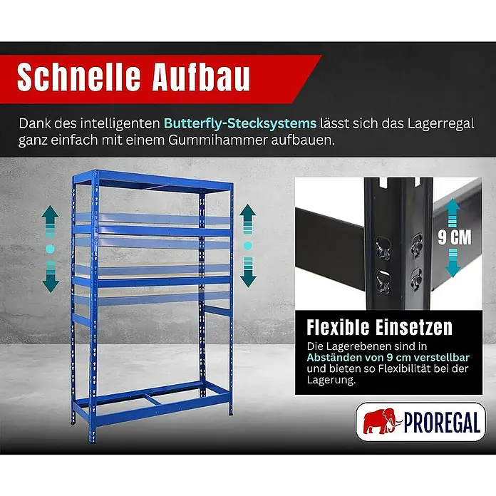 Proregal Reifenregal Tiger mit Fachboden - H x B x T: 180 x 120 x 40 cm, Stecken, Blau - Das Bild zeigt ein blaues Lagerregal mit verstellbaren Regalböden im Abstand von 9 cm, das durch ein intelligentes Stecksystem einfach aufzubauen ist.
