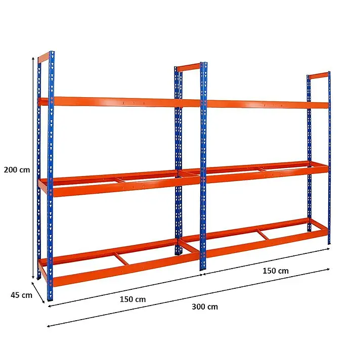 Proregal Reifenregal Mega Deal Tiger XL - Stecken, Blau-Orange - Darstellung eines orangefarbenen und blauen Lagerregals mit Maßangaben.