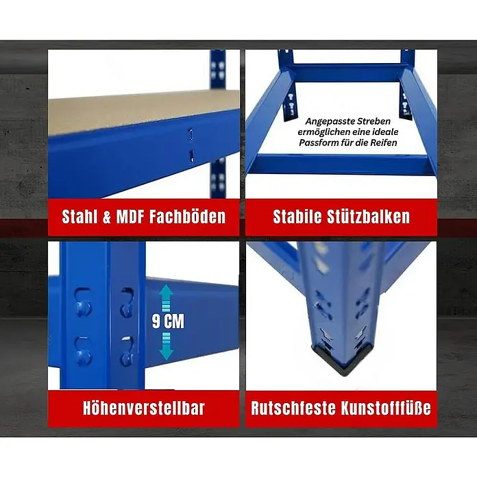 Proregal Reifenregal Tiger mit Fachboden - H x B x T: 180 x 120 x 40 cm, Stecken, Blau - Detailansichten eines blauen Regalsystems mit MDF-Fachböden, stabilen Stützbalken, Höhenverstellbarkeit und rutschfesten Kunststofffüßen.