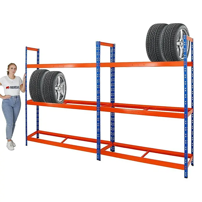 Proregal Reifenregal Mega Deal Tiger XL - Stecken, Blau-Orange - Abbildung eines Reifenregals mit zwei Reifen auf jeder Ebene. Das Regal ist blau und orange und steht auf einem weißen Hintergrund.