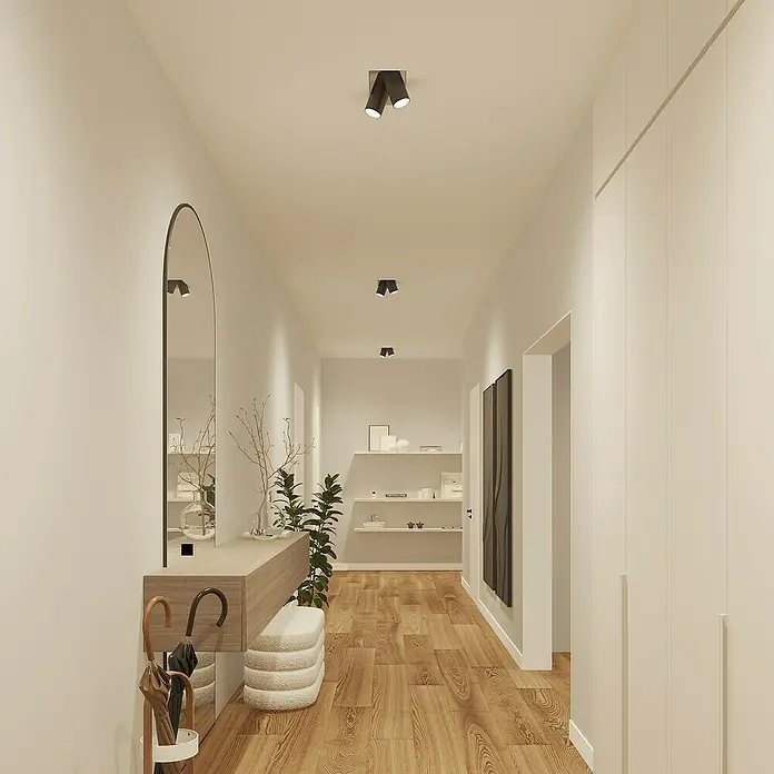 Philips Hue Smart-LED-Lampe Set Essential mit Dimmcontroller, Steuerzentrale - GU10, Dimmbar, RGBW, 345 lm, 4,7 W, 3 Stk. - Flur mit Garderobe, Spiegel und Deckenleuchten. Das helle Design sorgt für eine freundliche Atmosphäre und bietet praktischen Stauraum.