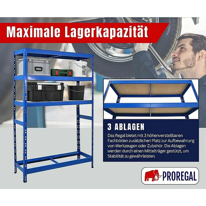 Proregal Reifenregal Tiger mit Fachboden - H x B x T: 180 x 120 x 40 cm, Stecken, Blau - Abbildung eines blauen Regals mit Werkzeugkisten. Es bietet mit 3 Fachböden zusätzlichen Stauraum für Werkzeuge und Zubehör.