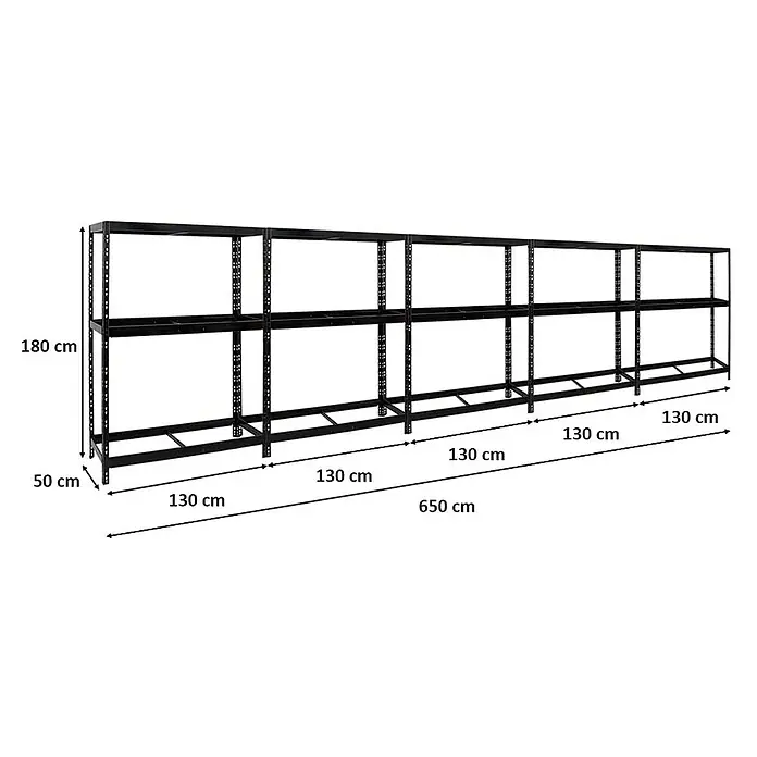 Proregal Reifenregal Mega Deal Tiger mit Fachboden - Stecken, Schwarz - Aufnahme eines schwarzen Metallregals mit zwei Ebenen und Maßangaben zu Höhe, Tiefe und Länge.