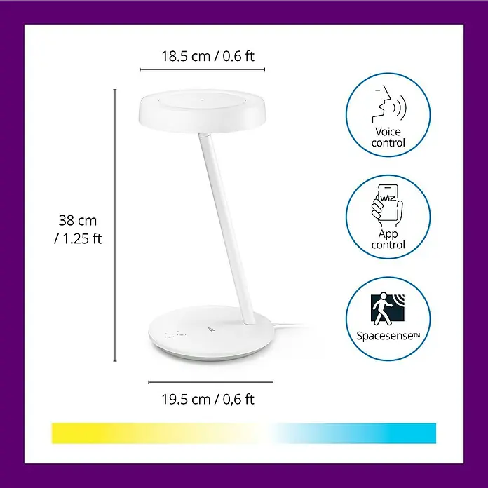 WiZ LED-Tischleuchte Portrait - 10 W, L x B x H: 20,4 x 19,5 x 38 mm, Weiß, Kaltweiß - Abbildung einer Philips Tischleuchte mit den Maßen 38 cm Höhe, 18,5 cm Breite des Lampenkopfs und 19,5 cm Breite des Sockels.