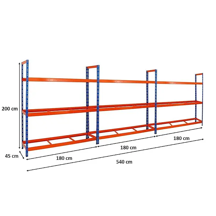 Proregal Reifenregal Mega Deal Tiger XL - Stecken, Blau-Orange - Produktbild eines Schwerlastregals in Blau und Orange mit den Maßen 200 x 180 x 45 cm, ideal für Lager und Werkstatt.