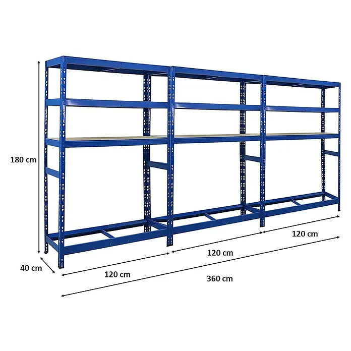 Proregal Reifenregal Mega Deal Tiger mit Fachboden - H x B x T: 180 x 120 x 40 cm, Stecken, Blau - Darstellung eines blauen Lagerregals mit mehreren Ebenen und den Maßen 180cm Höhe, 40cm Tiefe und 360cm Länge.