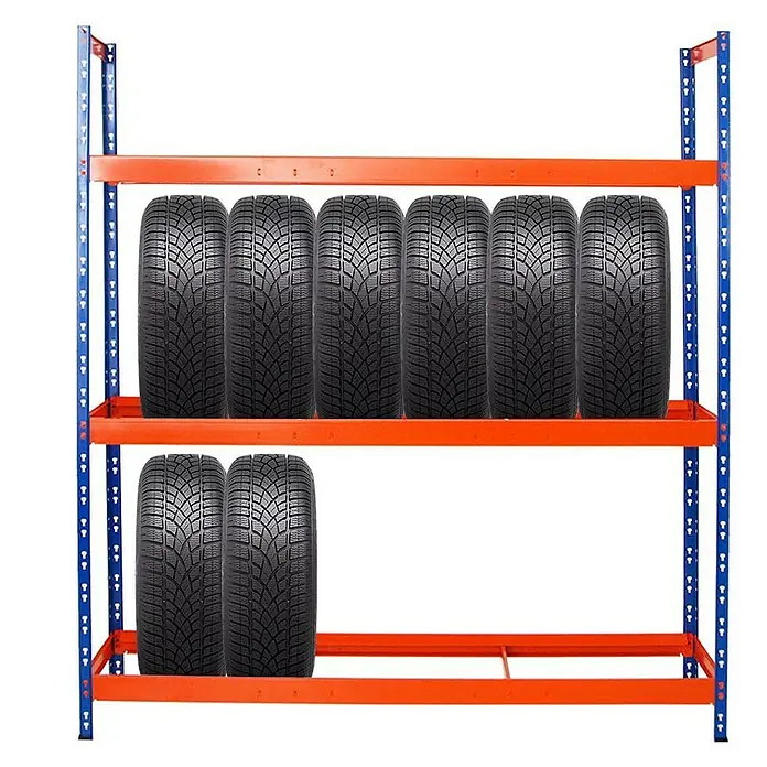 Proregal Reifenregal Mega Deal Tiger XL - Stecken, Blau-Orange - Reifenregal mit Autoreifen auf zwei Ebenen, robust und platzsparend. Ideal für Werkstatt oder Garage.