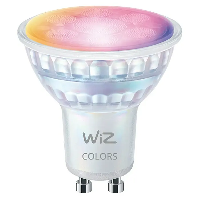 Philips Wiz Smart-LED-Lampe - GU10, Dimmbar, RGBW, 400 lm, 5 W, 1 Stk. - Nahaufnahme einer WiZ COLORS Smart-Glühbirne, die verschiedene Farben ausstrahlt. Ideal für stimmungsvolle Beleuchtung.