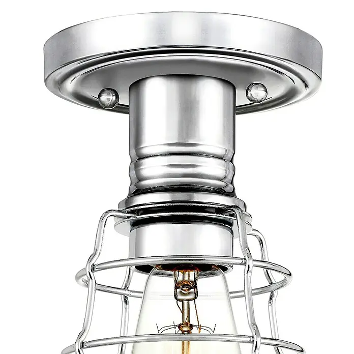 Elstead Deckenleuchte Mixon - 60 W, Ø x H: 14 x 27,1 cm, Chrom poliert, E27 - Nahaufnahme einer Deckenleuchte im industriellen Stil mit einem polierten Metallsockel und einem dekorativen Schutzgitter um die Glühbirne.