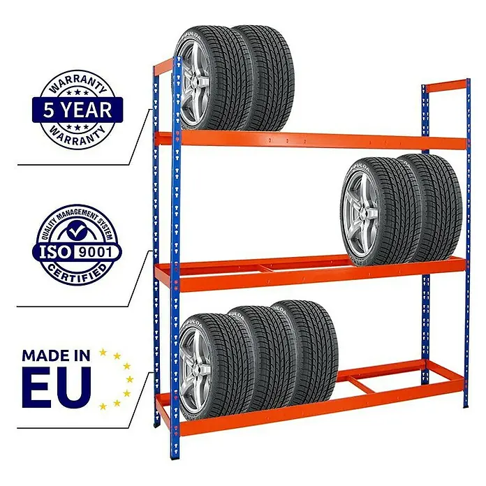 Proregal Reifenregal Mega Deal Tiger XL - Stecken, Blau-Orange - Ein Reifenregal mit drei Ebenen, gefüllt mit Autoreifen, mit Garantie- und Qualitätszertifizierungen, hergestellt in der EU.