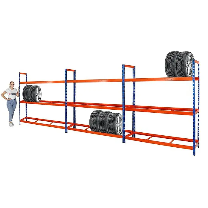 Proregal Reifenregal Mega Deal Tiger XL - Stecken, Blau-Orange - Lagerregal mit Reifen. Das robuste Reifenregal ist ideal für die Lagerung von Autoreifen in Garagen oder Werkstätten.