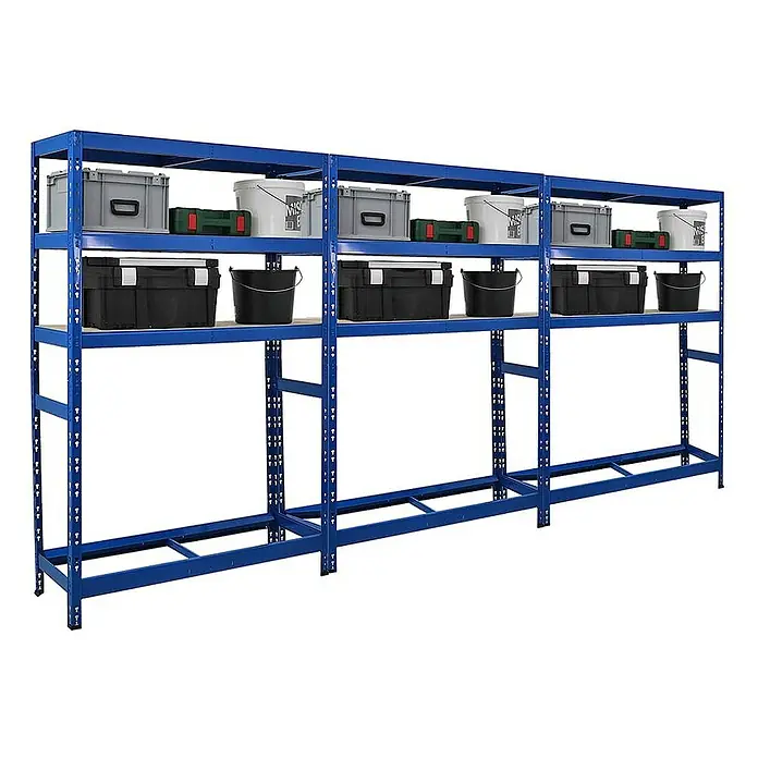 Proregal Reifenregal Mega Deal Tiger mit Fachboden - H x B x T: 180 x 120 x 40 cm, Stecken, Blau - Blaues Metallregal mit zwei Ebenen und verschiedenen Aufbewahrungsbehältern. Ideal für Garage oder Keller.