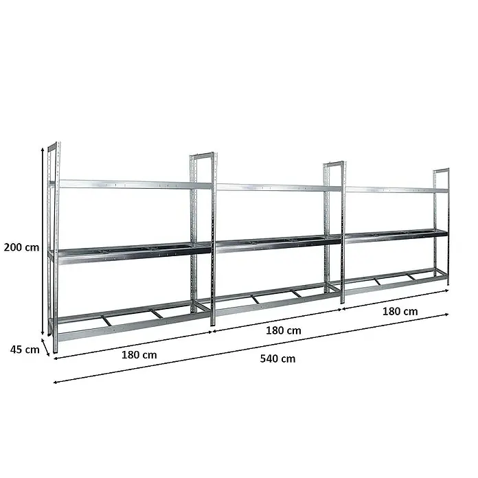 Proregal Reifenregal Mega Deal Tiger XL - Stecken, Verzinkt - Ein dreiteiliges, silbernes Metallregal mit zwei Ebenen und mehreren Größenangaben. Das Regal ist ideal für Lagerung.