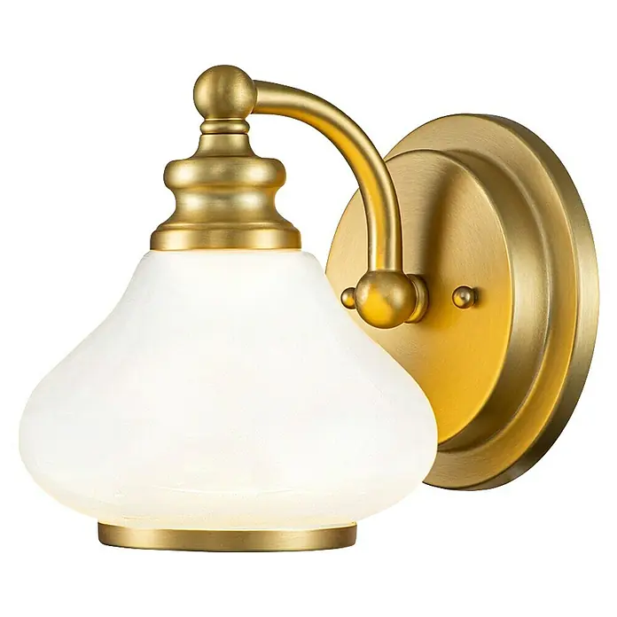 Elstead LED-Wandleuchte Ainsley - 3 W, L x B x H: 20,6 x 16 x 19,1 cm, Messing - Elegante Wandleuchte mit mattiertem Glas und goldfarbenen Akzenten, ideal für stilvolle Innenräume.