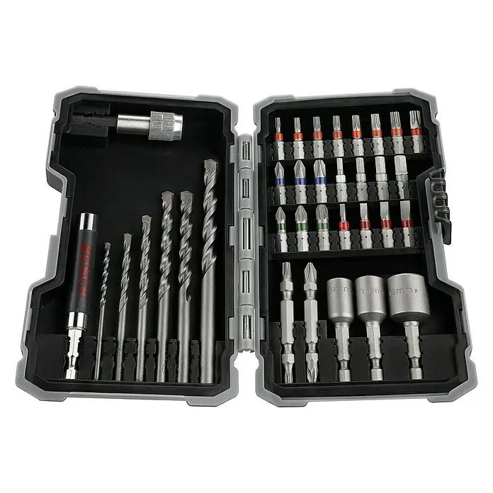 Bosch Maletín de brocas y puntas Robustline - 35 pzs., Apto para: Hormigón - Una caja de herramientas abierta con varias brocas y puntas de destornillador, ideal para aficionados al bricolaje y profesionales.