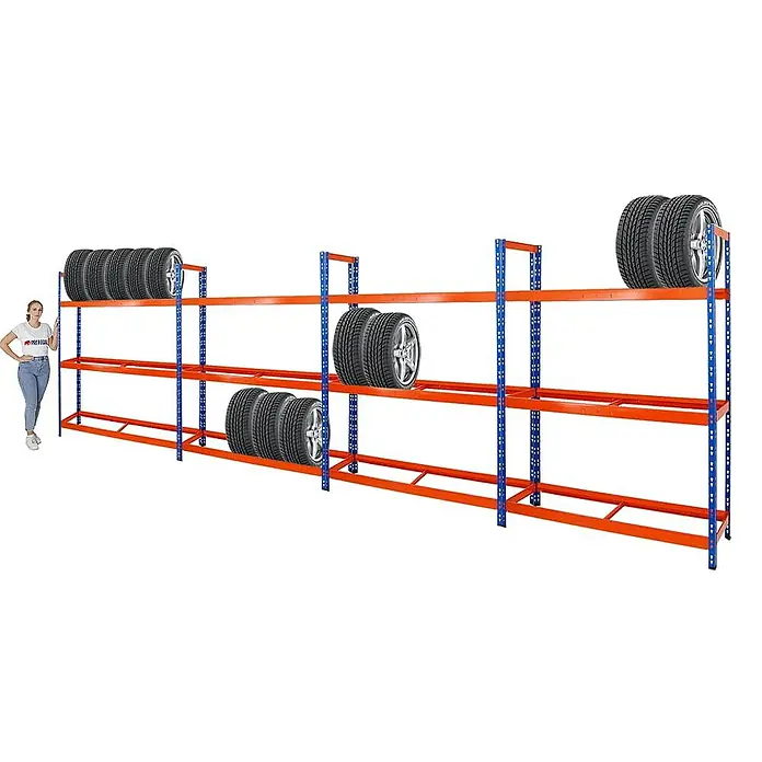 Proregal Reifenregal Mega Deal Tiger XL - Stecken, Blau-Orange - Abbildung eines Reifenspeicherregals mit Reifen und einer Person daneben zur Größenorientierung. Das Regal ist blau und orange.