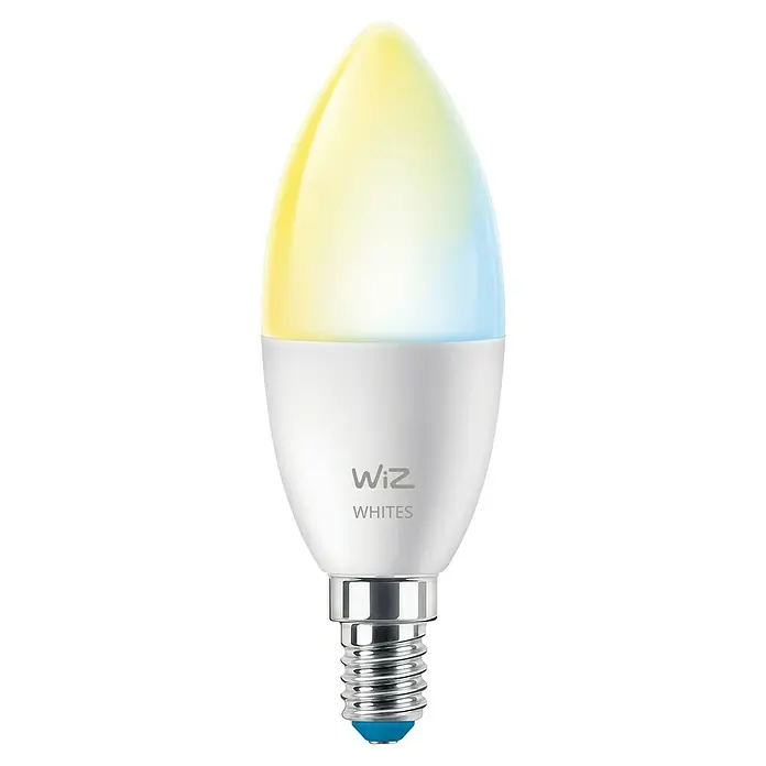 Philips Wiz Smart-LED-Lampe - E14, Dimmbar, Mehrfarbig, 470 lm, 4,6 W - Nahaufnahme einer intelligenten Wiz Whites Kerzen-Glühbirne. Sie hat ein warmes gelbes Licht, das perfekt für jeden Raum ist.