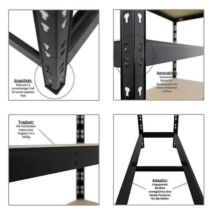 Proregal Reifenregal Mega Deal Tiger mit Fachboden - Stecken, Schwarz - Detailansichten eines schwarzen Metallregals, das Stabilität, innovative Montage und hohe Traglast betont.