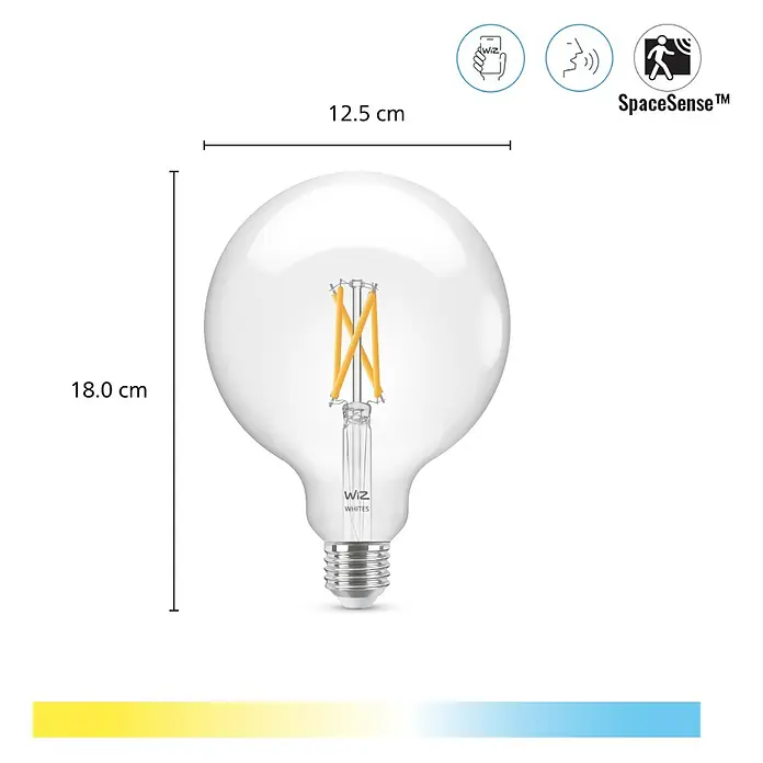 Philips Wiz Smart-LED-Lampe - E27, Dimmbar, Mehrfarbig, 806 lm, 6,7 W, G125 - Darstellung einer intelligenten WiZ-Glühbirne mit Filament und den Maßen 12,5 cm Breite und 18 cm Höhe.