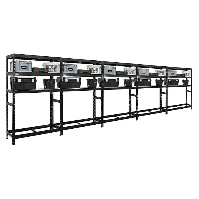 Proregal Reifenregal Mega Deal Tiger mit Fachboden - Stecken, Schwarz - Lagerregal mit zwei Ebenen, beladen mit Boxen und Eimern. Robustes Metallregal für Lagerung und Ordnung.
