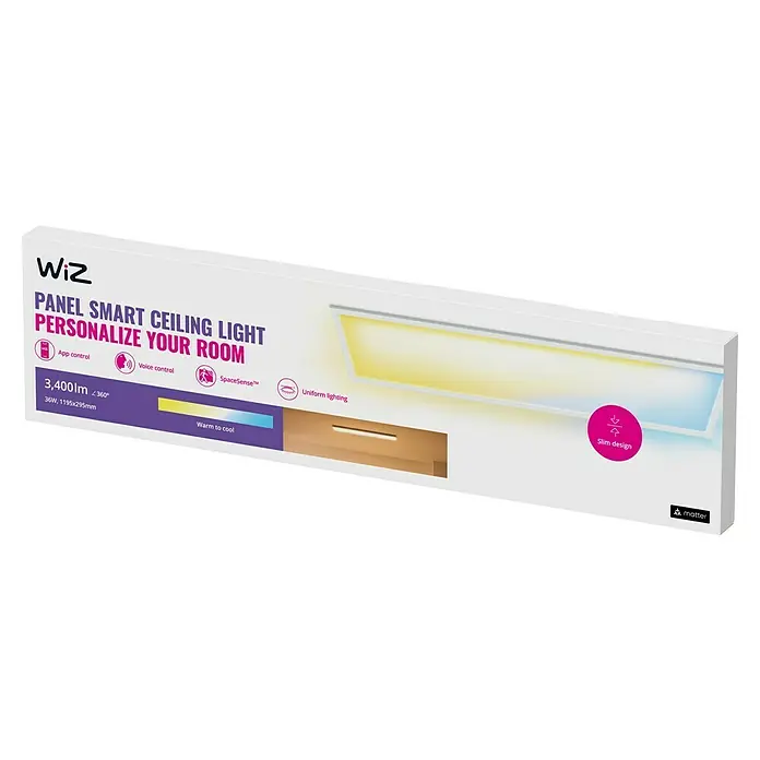Philips Wiz LED-Panel Tunable White Slim Design - 36 W, L x B x H: 119,5 x 29,5 x 4 cm, Weiß, Kaltweiß - Die Verpackung der smarten WiZ Panel Deckenleuchte, die sich durch App- und Sprachsteuerung sowie SpaceSense™ auszeichnet.