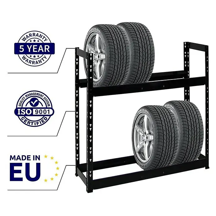 Proregal Reifenregal Mega Deal Tiger - Stecken, Schwarz - Ein schwarzes Reifenregal mit Reifen, mit Garantiesiegeln und dem Hinweis "Hergestellt in der EU".