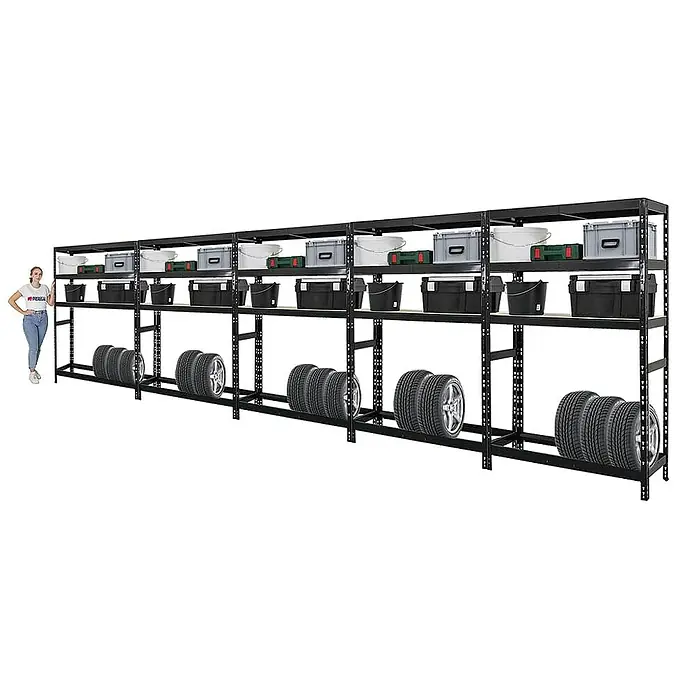 Proregal Reifenregal Mega Deal Tiger mit Fachboden - Stecken, Schwarz - Regal mit Reifen und Lagerbehältern.