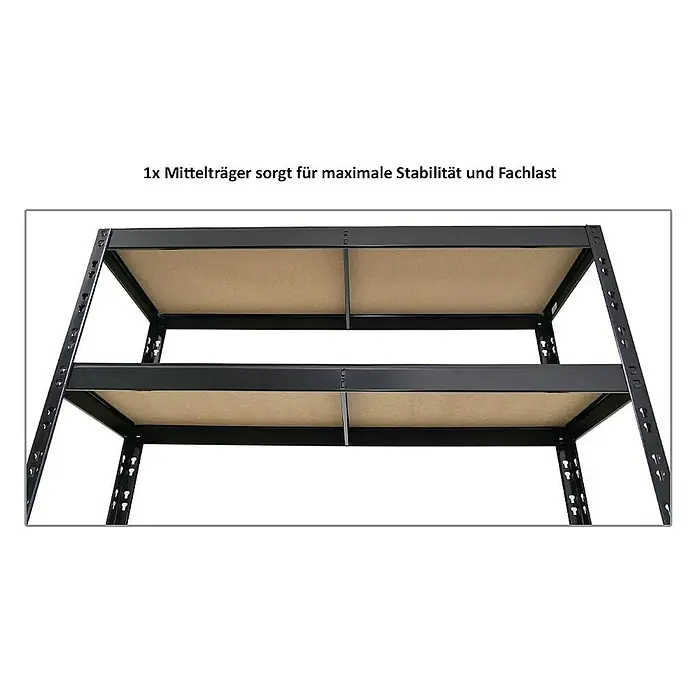 Proregal Reifenregal Mega Deal Tiger mit Fachboden - Stecken, Schwarz - Nahaufnahme eines schwarzen Metallregals mit zwei Regalböden, das Stabilität und Tragfähigkeit betont.