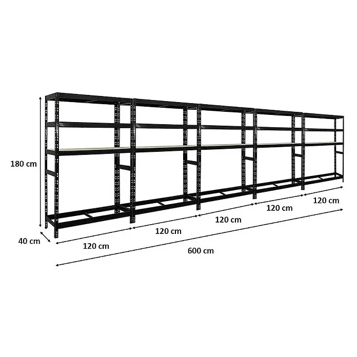 Proregal Reifenregal Mega Deal Tiger mit Fachboden - Stecken, Schwarz - Abbildung eines Regalsystems mit mehreren Ebenen und den Maßen 180 cm Höhe, 40 cm Tiefe und 600 cm Breite.