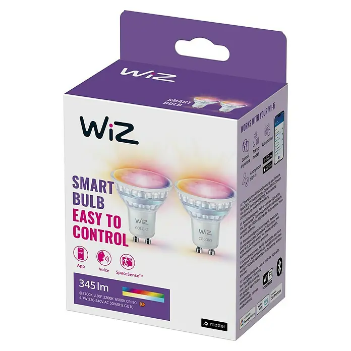 Philips Wiz Smart-LED-Lampe - GU10, Dimmbar, RGBW, 400 lm, 5 W, 2 Stk. - Abbildung der WiZ Smart Bulb, die intelligente Beleuchtung einfach macht. Steuerung per App, Stimme oder Automatisierung für individuelle Lichtstimmungen.