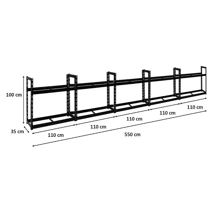 Proregal Reifenregal Mega Deal Tiger - Stecken, Schwarz - Schwarzes Metallregal mit den Maßen 100 cm Höhe, 35 cm Tiefe und 550 cm Länge zur Lagerung und Organisation von Gegenständen.